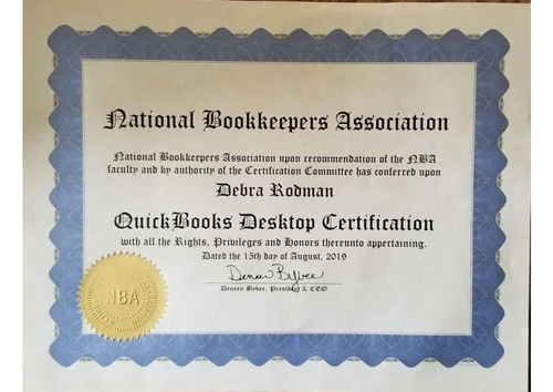 Certificate from the National Bookkeepers Association awarded to Debra Rodman for QuickBooks Desktop Certification, dated August 15, 2019.